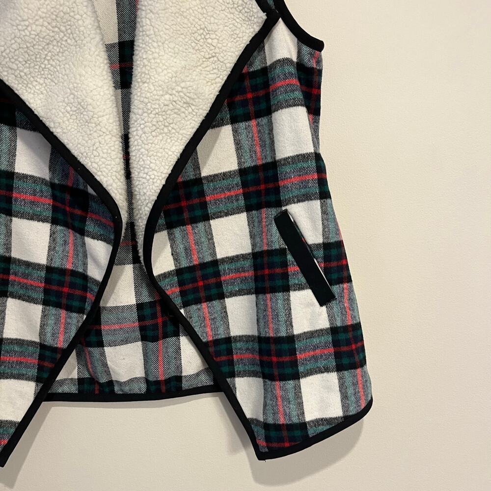 Christopher & Banks Tartan Plaid Vest Sherpa Open Front Wool Blend Petite Large - Picture 3 of 5